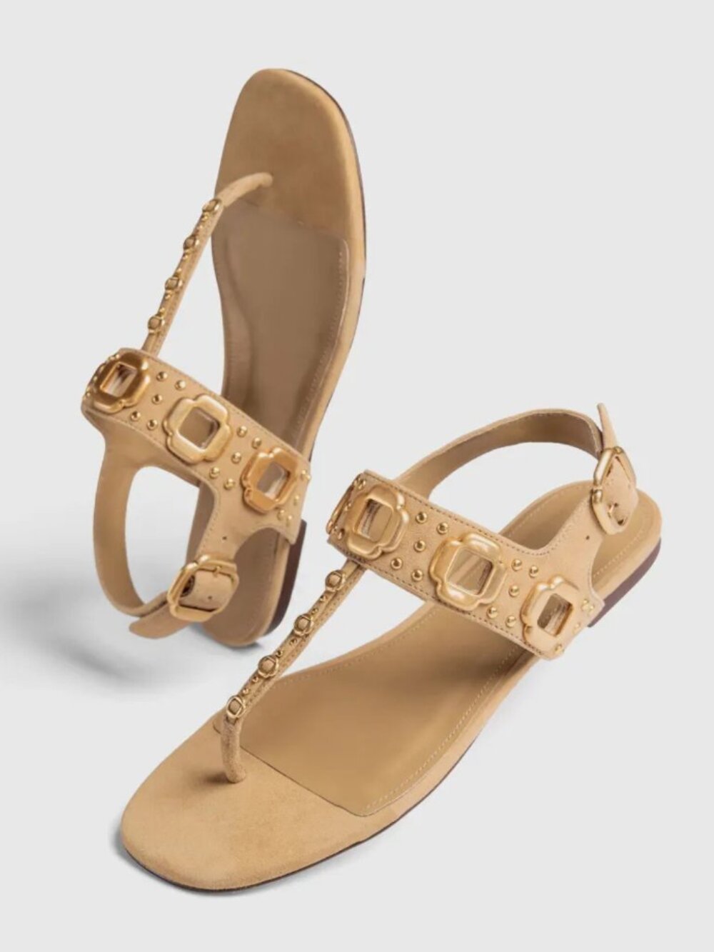 Larroude Milan Studs Thong Sandal In Peanut Suede